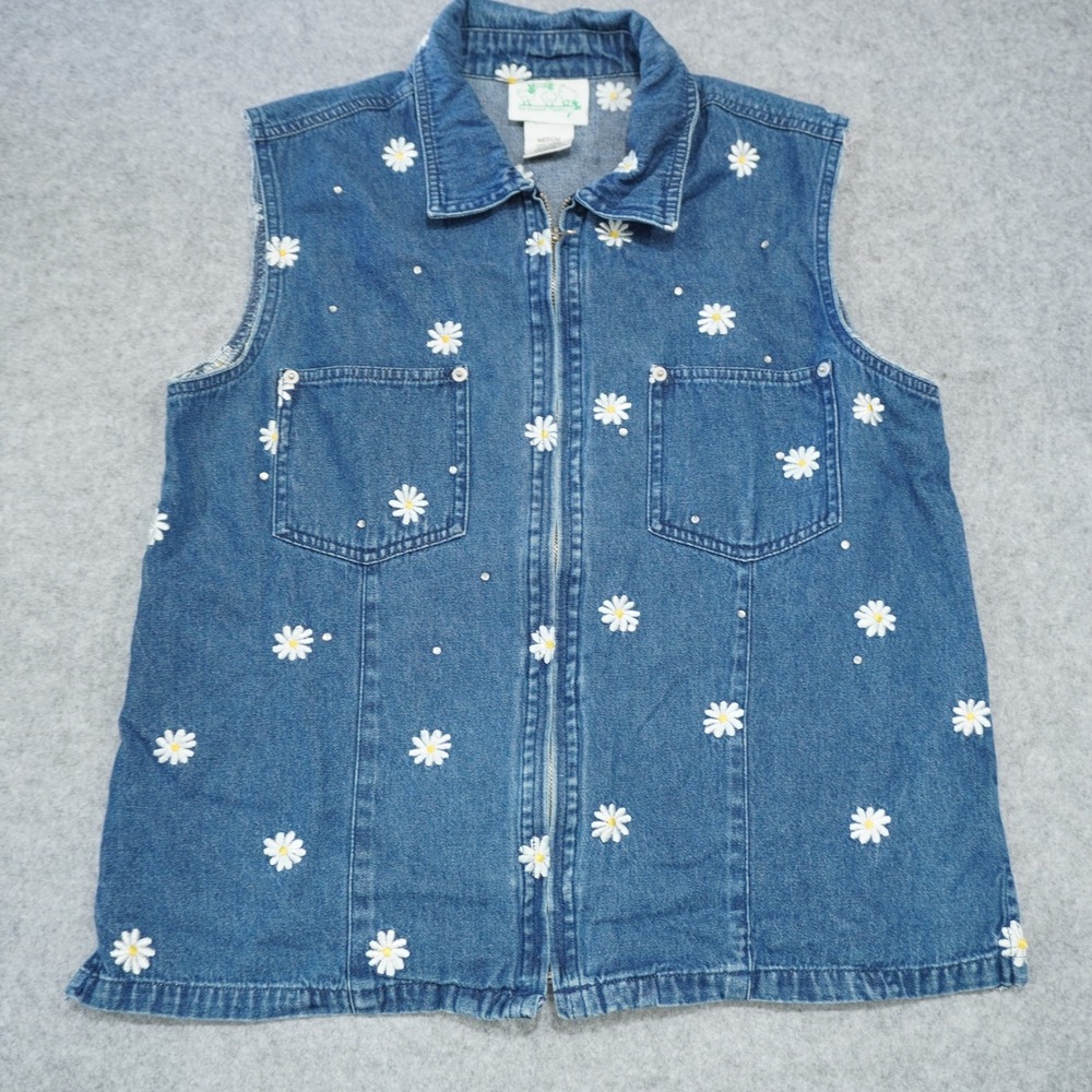 The Quacker Factory Women's Medium Blue Denim Vest Daisy Embroidered Rhinestone